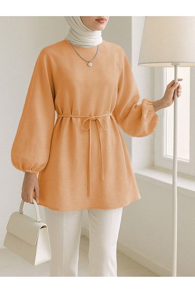 Modamorfo Round Neck Lace-Up Waist Balloon Sleeve Tunic -Orange