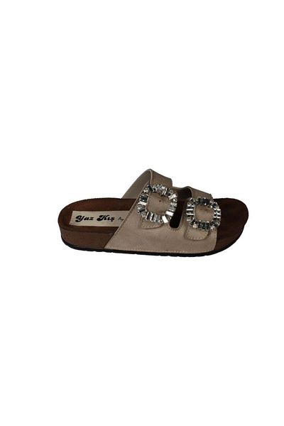 Yaz Kış Ayakkabı Yazkiş Women's Black Cream Double Buckle Buckle Shiny Stone Cork Sole Slippers
