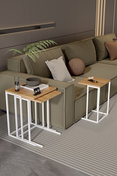 reflekta Üçlü C Sehpa Seti Zigon Sehpa Yan Sehpa Atlantik Çam Metal Ayaklı