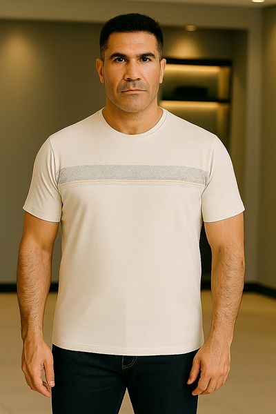 Maccali Men's Patterned Short Sleeve Large Size Loose Ecru T-Shirt