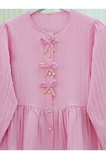 Modamorfo Buttoned Sleeve Elastic Blouse with Bow Detail on the Front - Pink