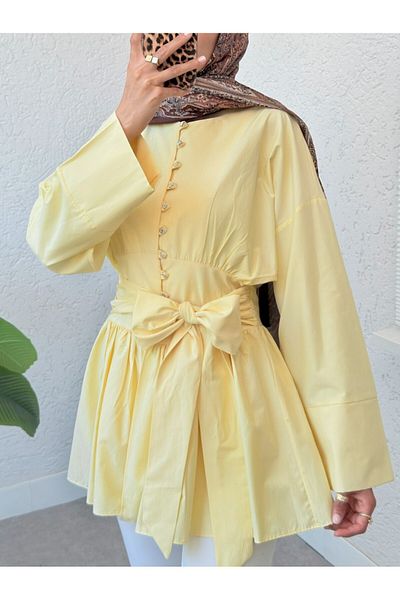 Modamorfo Tunic with Stone Buttons and Lace-Up Waist - Light Yellow