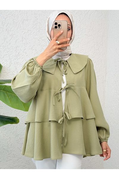 Modamorfo Baby Collar Front Lace Skirt Layered Kimono - Khaki