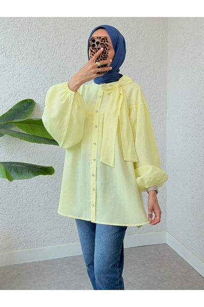Modamorfo Buttoned Linen Tunic with Bow Detail at the Collar and Elastic Sleeves - Light Yellow