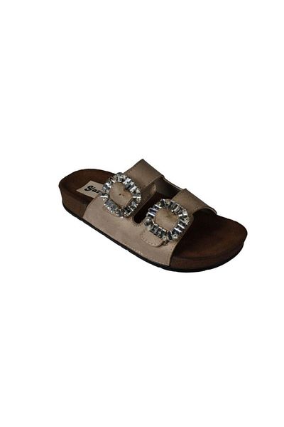 Yaz Kış Ayakkabı Yazkiş Women's Black Cream Double Buckle Buckle Shiny Stone Cork Sole Slippers