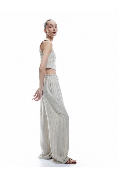 Koton New Season Lace-Up Waist Linen Blend Comfortable Fit Striped Wide Leg Trousers