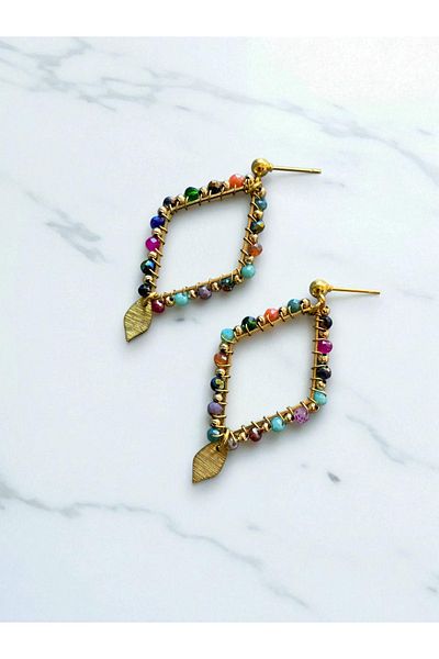 dela otantik Authentic Colorful Bohemian Women's Earrings – Ethnic Bijoux Jewelry with Gold Color Handmade Beads and Leaf Detail