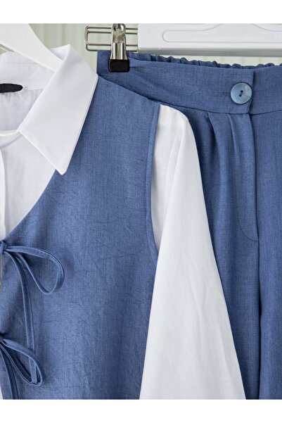 Modamorfo Front Lace-Up Trouser Vest Double Linen Suit -Indigo