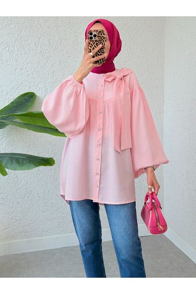 Modamorfo Collar Bow Detailed Sleeve Elastic Buttoned Linen Tunic - Pink