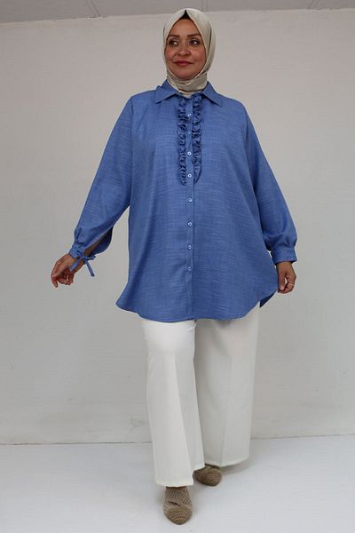 Eslina 58075 large size front ruffle detailed men's collar shirt - indigo marled
