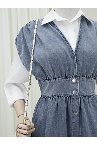 Modamorfo Τζιν Gilet με κουμπιά με λαιμόκοψη V μηδενικό μανίκι - Ice Blue