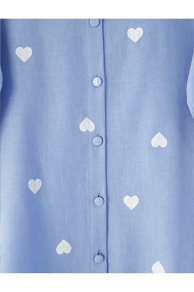 Modamorfo Heart Detailed Buttoned Long Back Silk Cotton Shirt - Light Blue