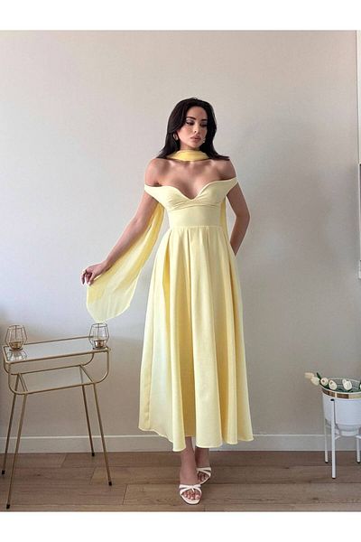 LOCH BUTİK Women's Yellow Skirt Pleated Shawl Back Detailed Midi Dress
