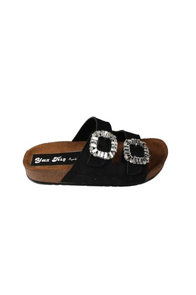 Yaz Kış Ayakkabı Yazkiş Women's Black Cream Double Buckle Buckle Shiny Stone Cork Sole Slippers