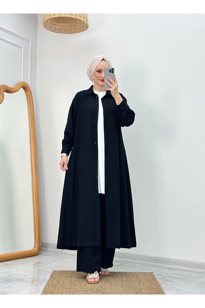 ButikKardelen Camelya Sandy Crepe Fabric Tunic Long Buttoned Triple Suit