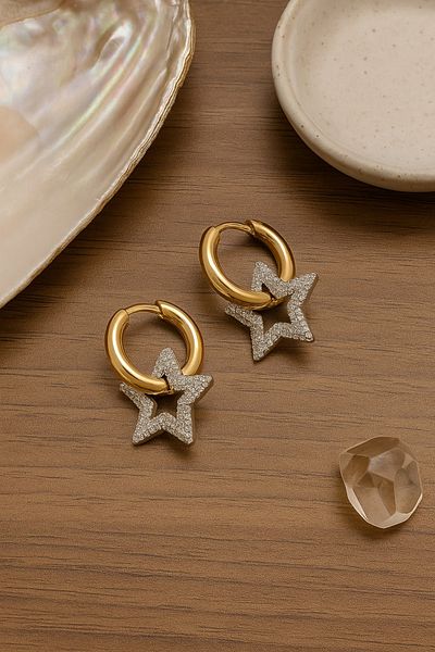 sema aksesuar Zircon Stone Star Model Ring Brass Earrings - Gift