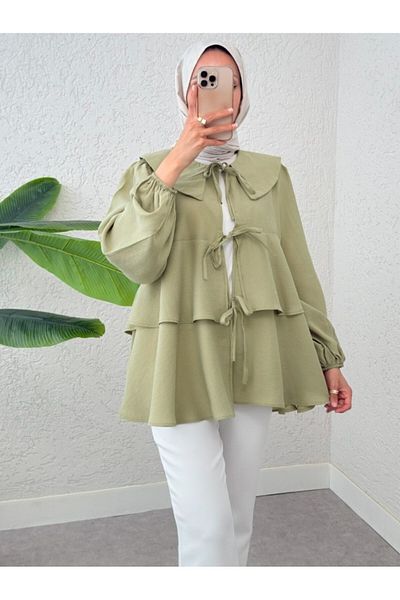 Modamorfo Baby Collar Front Lace Skirt Layered Kimono - Khaki