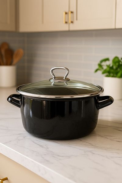 Makri 3.5 L Enamel Pot, 22cm, Inner and Outer Enamel Coating, Glass Lid, Frying Wire, Black
