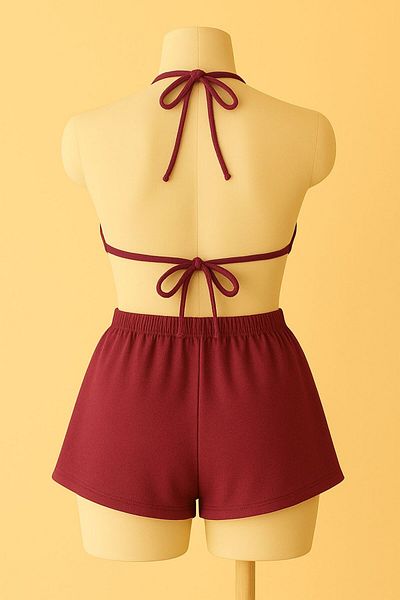 Stail Moda Women's Burgundy Side and Neck Tie Shorts Tie Triangle Bikini Nightdress Sea Team