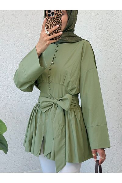 Modamorfo Tunic with Stone Buttons and Lace-Up Waist - Çağla Y.