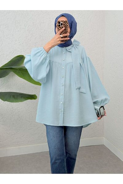Modamorfo Collar Bow Detailed Sleeve Elastic Buttoned Linen Tunic - Baby Blue