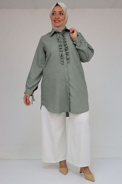 Eslina 58075 Large Size Men's Collared Shirt with Ruffle Detail on the Front - Nefti Crushed