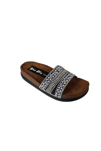 Yaz Kış Ayakkabı Yazkiş women's black cream beaded stone 4cm thick sole cork sole slippers