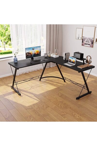 AGD Corner Computer Desk L-Shaped with Large Monitor Stand and Shelf for Home and Office, Sturdy Space-S