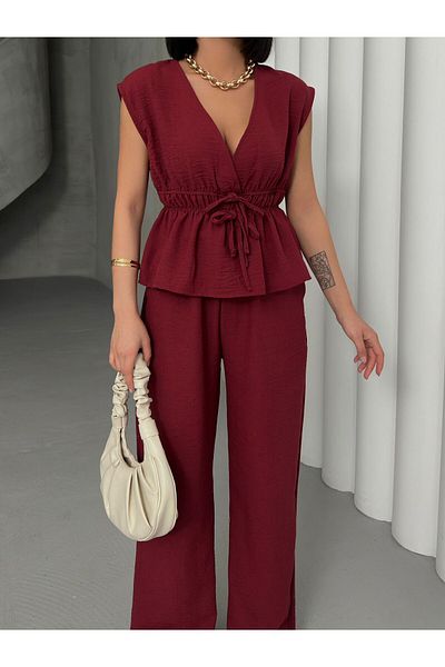 aytenli Double Breasted Collar Lace-Up Elastic Zero Sleeve Top Size Elastic Waist Pocket Palazzo Trousers Linen Suit