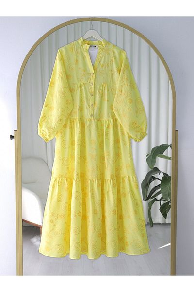 Modamorfo Half Button Jacquard Printed Piece Dress with Elastic Sleeves - Yellow