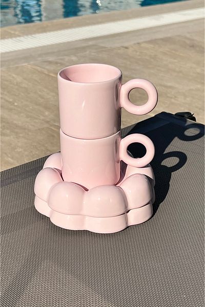 MAMALİZA Set of 2 Espresso Ceramic Cups. Pink Turkish Coffee Cup. Gift