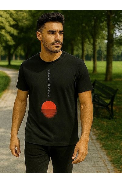 Maccali Men's Short Sleeve Text Print Crew Neck Black T-Shirt