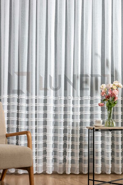 LUNETT HOME Ready to Use, Folded Linen Floor with Striped Pompon Patterned Tight Pleated Tulle Curtain