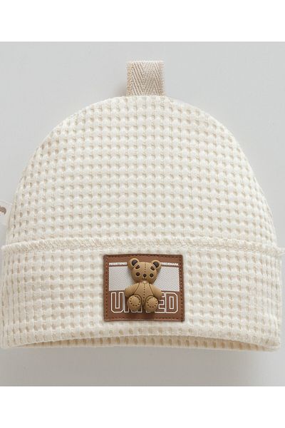 Caramell Baby Hat 100% Cotton Plush Teddy Bear Detailed Waffle Fabric (1 - 12 Months)