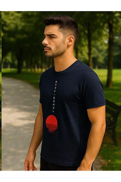 Maccali Men's Short Sleeve Text Print Crew Neck Navy Blue T-Shirt