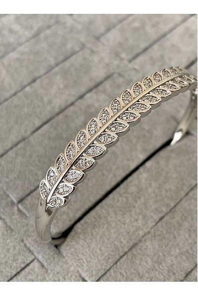demirosa Women's Steel Silver Color Leaf Model Zircon Stone Design Handcuff Bracelet