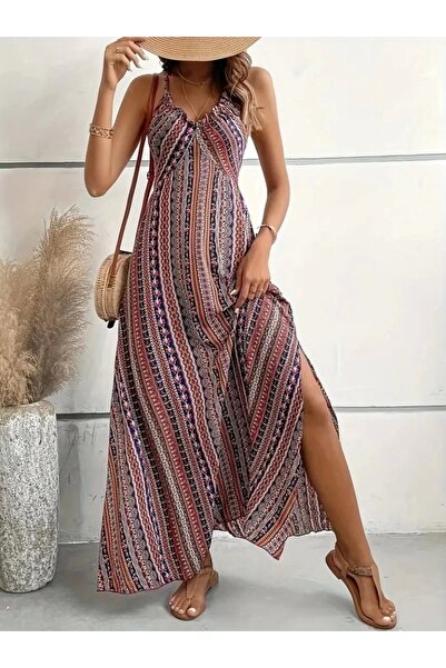 nedo7 فستان نسائي من قماش السوبريم بحزام على شكل حبل وفتحة متقاطعة من الخلف