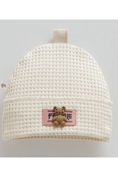 Caramell Baby Hat 100% Cotton Plush Teddy Bear Detailed Waffle Fabric (1 - 12 Months)