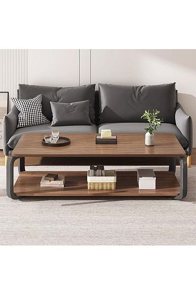 Türkiye Wooden Coffee Table, 2 Tier Center Table with Metal Legs, Rectangle Tea Table for Living Room, Indus