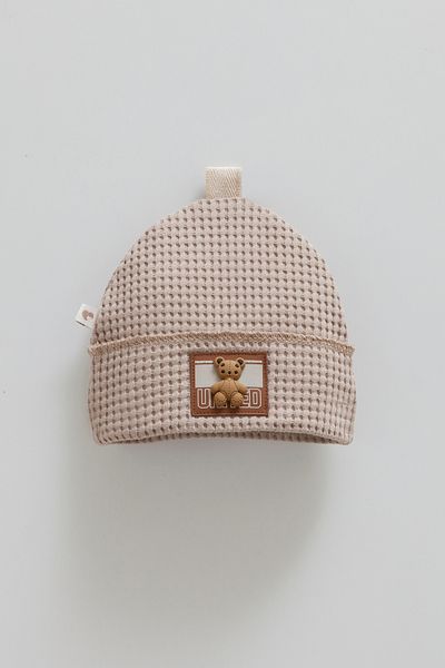 Caramell Baby Hat 100% Cotton Plush Teddy Bear Detailed Waffle Fabric (1 - 12 Months)