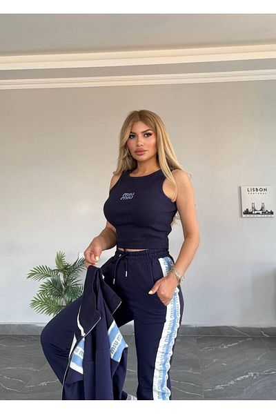 bonibon butikk Women's Quality Luxury Clothing Stand Collar Zippered Bottom Casual Cut Waist Elastic 2 Thread 3 Piece Suit