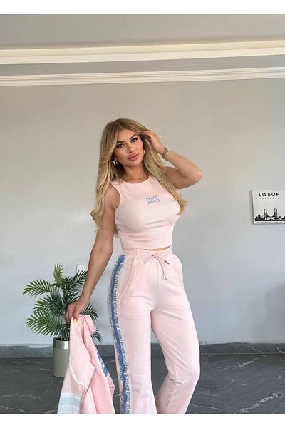bonibon butikk Women's Quality Luxury Clothing Stand Collar Zippered Bottom Casual Cut Waist Elastic 2 Thread 3 Piece Suit