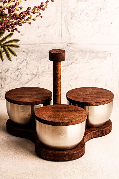 Snippy Steelora - 3-Piece Snack Bowl with Stand Wooden Vacuum Lid Stainless Steel Multi-Purpose Snack Bowl 300 ml