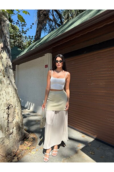 QADİSH Şifon Detaylı Triko Parçalı Yüksek Bel Uzun Etek – Yazlık Kadın Etek M...