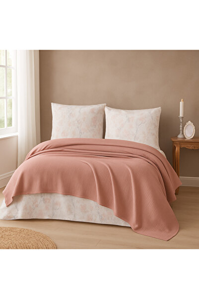 ZEYNO HOME TEKSTİL Stylish Lace 3 Piece Single Pique Set - 100% Cotton Fabric - Dusty Rose