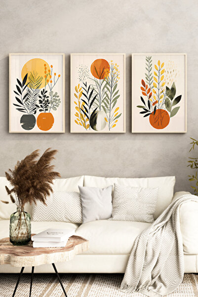 kutuTR 🌿 Turuncu Vazo ve Yaprak Temalı 3’lü Çerçeveli Tablo Seti Modern Dekorasyonun Yeni Yüzü 🌿 CRV1158