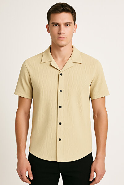 mavisima erkek giyimi Erkek Bej Düğmeli Kısa Kollu Yazlık Gömlek | Rahat Kalıp - Serin Kumaş - Şık Günlük Stil