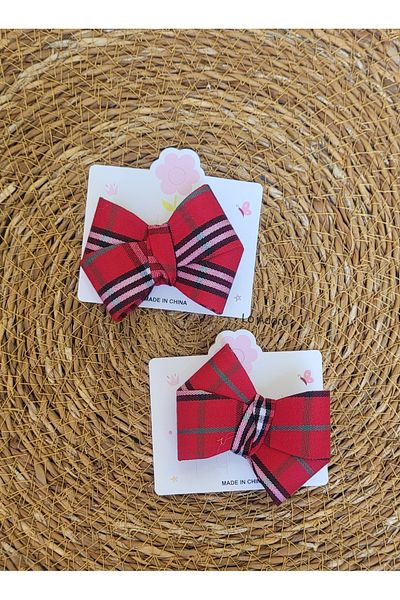 LO ADORO 2Pcs Red White Navy Blue Plaid Checkered Bow Buckle Girl's Hair Less Babies Early Year Clip Buckle