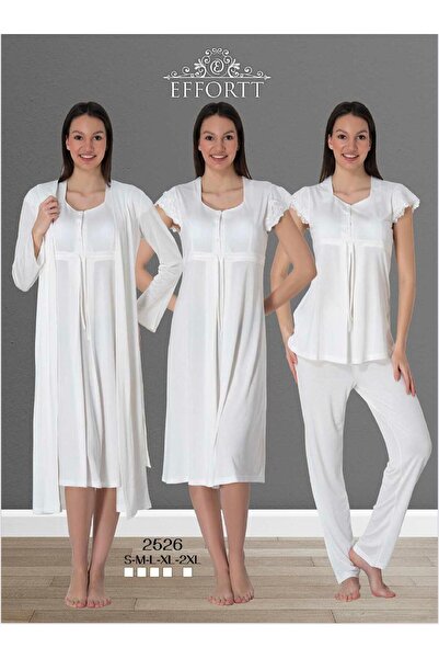 EM&FA TEKSTİL Maternity Ecru 3-Piece Dressing Gown Nightgown Pajama Set