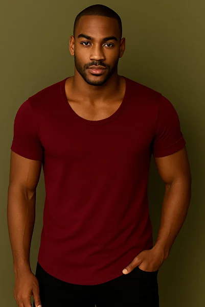 BYBÜLENT Premium Quality Men's Wide Collar Full Lycra Bottom Oval Slim Cut T-Shirt